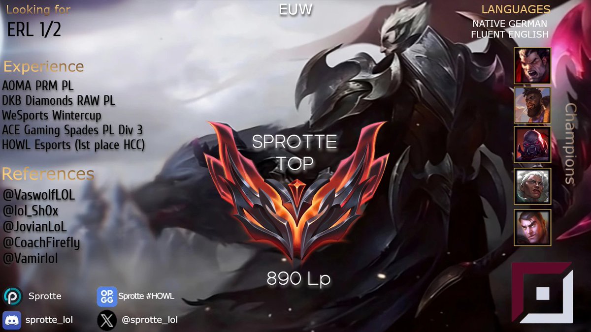 Sprotte (@sprotte_lol) on Twitter photo I am still in talks with <a href="/HWLgr/">Howl Esports</a> but they allowed me to explore new options for Summer 2025!
Considering every offer!
Contact me via DM or Discord.
VODs upon Request.
My References are: <a href="/VaswolfLOL/">Angelos "Vaswolf" Vasileiou</a> <a href="/lol_Sh0x/">Sh0x | Tim</a> <a href="/JovianLoL/">Alex Srg</a> <a href="/CoachFirefly/">CoachFirefly</a> <a href="/Vamirlol/">Vamir</a>
❤️& 🔃 are appreciated I am still in talks with <a href="/HWLgr/">Howl Esports</a> but they allowed me to explore new options for Summer 2025!
Considering every offer!
Contact me via DM or Discord.
VODs upon Request.
My References are: <a href="/VaswolfLOL/">Angelos "Vaswolf" Vasileiou</a> <a href="/lol_Sh0x/">Sh0x | Tim</a> <a href="/JovianLoL/">Alex Srg</a> <a href="/CoachFirefly/">CoachFirefly</a> <a href="/Vamirlol/">Vamir</a>
❤️& 🔃 are appreciated