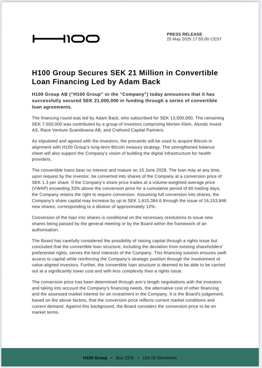 Swedish firm H100 raised SEK 21M (~$2M) in a Bitcoin-backed convertible  round led by @adam3us 👀 Funds will go toward BTC accumulation and scaling  digital health infrastructure as part of their long-term