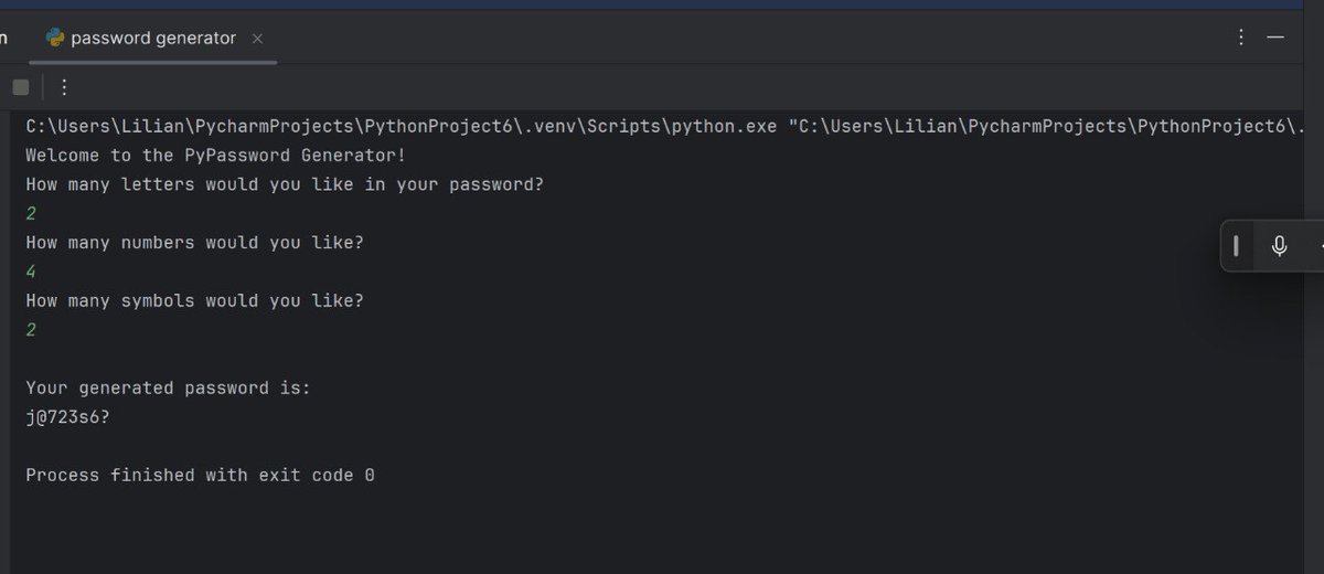 NastaranFH7's tweet photo. ✅ I’m currently learning Python, and today I built a simple password generator!

📌 It asks how many letters, numbers, and symbols you want — then creates a strong random password using Python’s random and string modules.@CodeToInspire #afghangirlscode https://t.co/BNMELhc0Ly