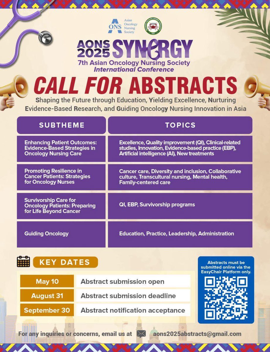 APJON_AONS's tweet image. Call for Abstracts | AONS 2025 is Now Open!
Abstract Deadline: August 31, 2025 | 11:59 PM (UTC+8)
For details, scan the QR code or contact: ons2025abstracts@gmail.com
#OncologyNursing #CancerCare #EvidenceBasedPractice #NursingConference #GlobalNursing #NursingLeadership