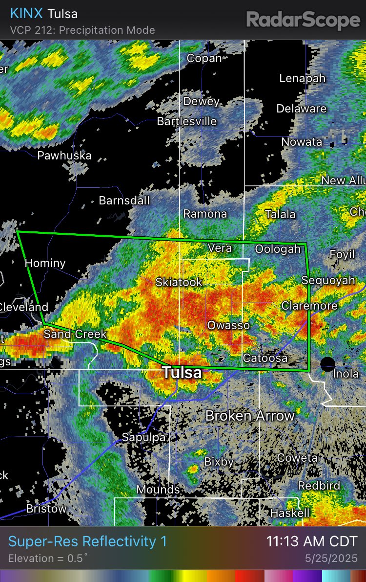 Radar 11:13am.  Scattered showers and storms producing heavy rain.  A flash flood warning has been issued for the Tulsa metro region.  Avoid low water areas.