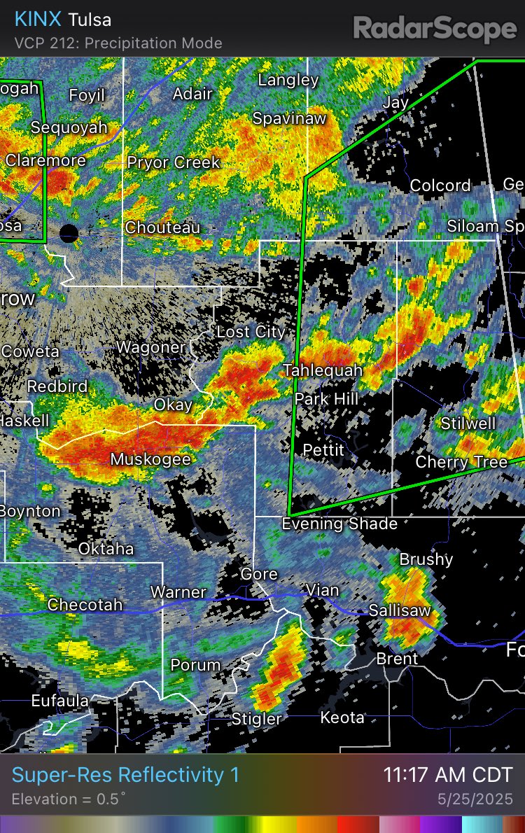 Radar 11:17am.  Heavy to strong storms from Muskogee to Tahlequah moving east.  Some pockets of nickel hail increasing in stronger cores.