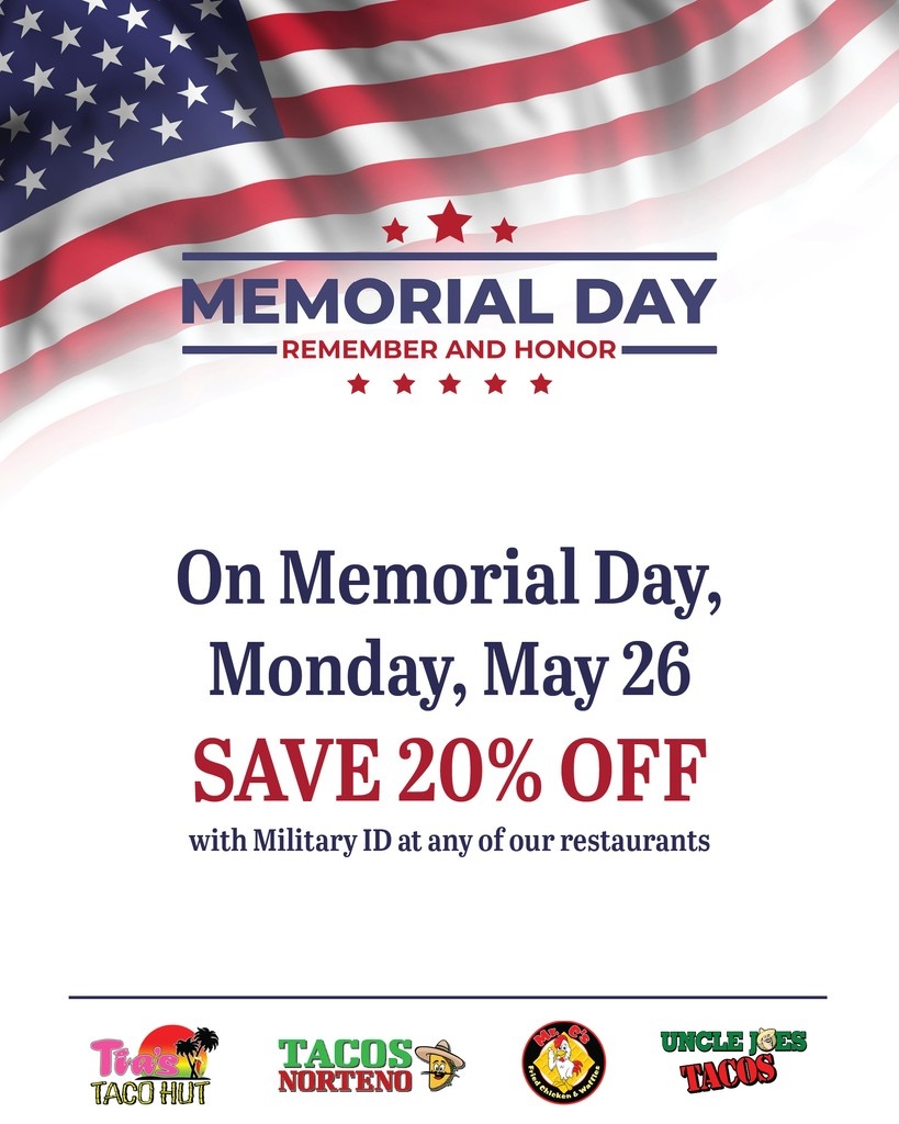 This Memorial Day, we honor and remember all who serve. 🇺🇸 As a thank you, we’re offering 20% off your entire bill with a valid military ID. Offer available at all locations of our family of restaurants.

With gratitude — today and always ❤️

#memorialday #thankyouforyourservice