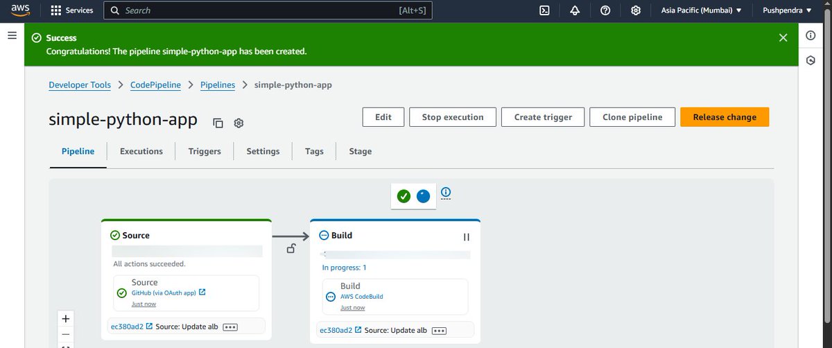Pushpendra24_7's tweet photo. Just completed a CI pipeline for Python app using AWS CodeBuild under the guidance of @AbhiVeeramalla 
 Sourced from GitHub, Build #13 finished in 1 min. Hit a retry error due to a pipeline change—learning on the go! 
 hashtag#AWS hashtag#CodeBuild hashtag#CICD hashtag#Python https://t.co/V4CrYo6KCG