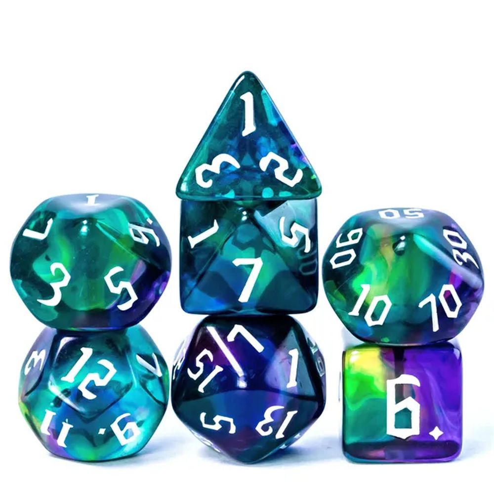 Whoa! New Wyrmshade Purple &amp; Turquoise Blend Dice Set at geekwood.ca! #dnd #dice  geekwood.ca/products/wyrms…