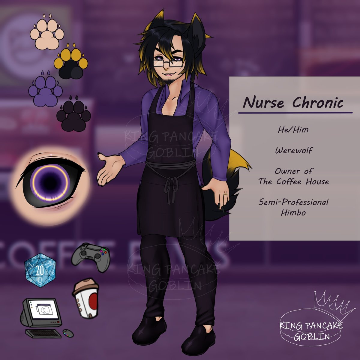 This is Nurse Chronic.  (<a href="/NurseChronic/">💉NurseChronic</a>)

THE YELLOW TIPS OF THE BLACK
glasses!
the apron I love!
nose ring!
THE SPOOKY PURPLE EYES OMG

10/10.