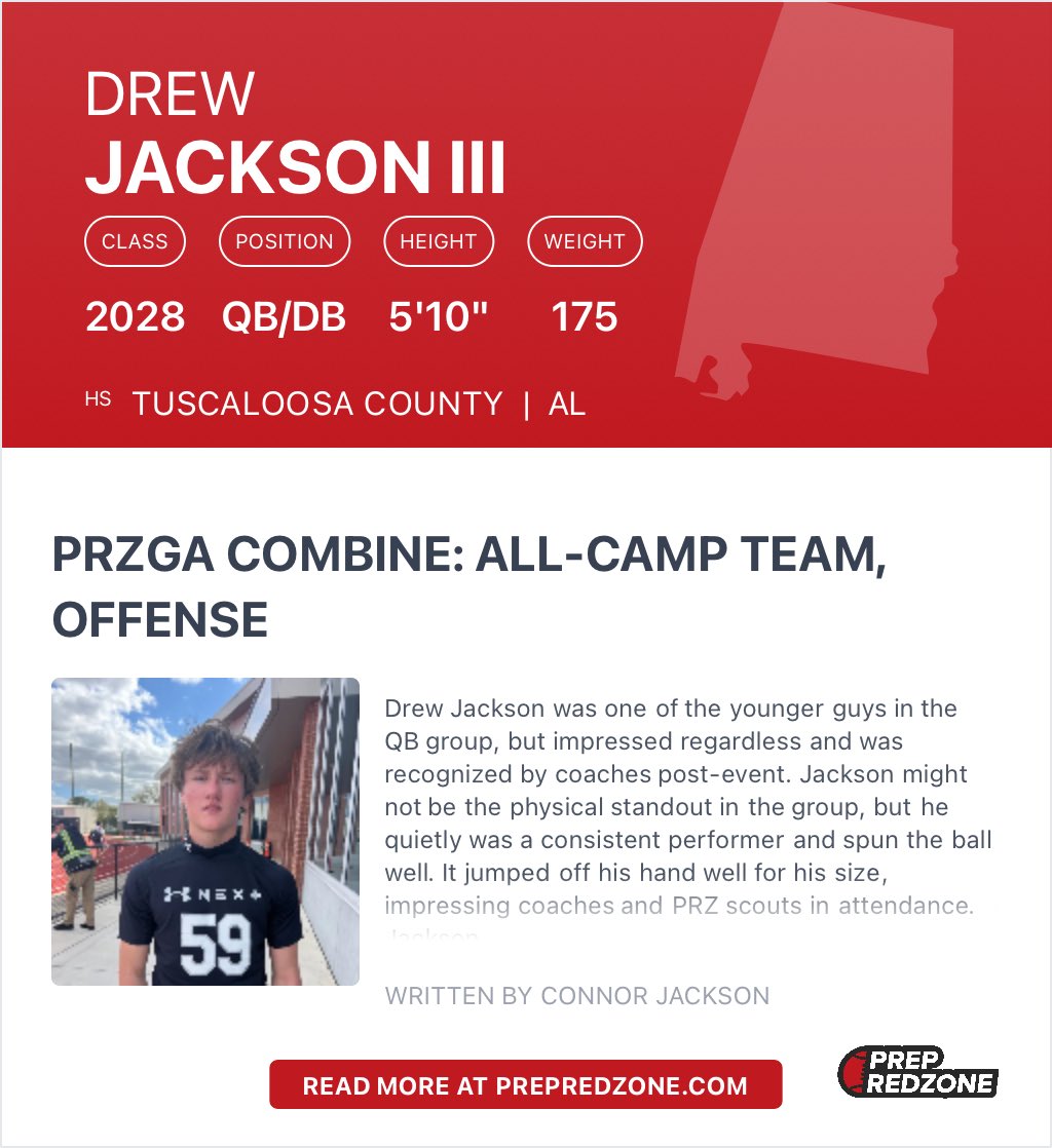 Thankful for making All-Camp Team, Offense at PRZGA COMBINE 👊🏼🔥
<a href="/garyharris_wvua/">Gary L. Harris</a> <a href="/annaesnyder2/">Anna Snyder</a> <a href="/bloodlinesport/">BLOODLINE SPORTS</a> <a href="/sciacca_nick/">NICK SCIACCA:COFOUNDER BLOODLINE SPORTS</a> <a href="/SOTGsmoke/">Smokey Putnam</a> <a href="/PhillipsQBA/">Phillips QB Academy</a> <a href="/QBC_Atlanta/">QB Country Atlanta</a> <a href="/QBC_Bham/">QB Country Birmingham</a>