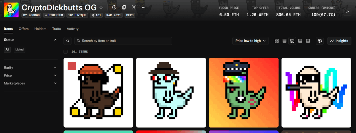 . <a href="/CryptoDickbutts/">CryptoDickbutts</a> is the most unhinged NFT collection I've ever seen 🤣

These guys have flipped Azuki, Doodles, Kaito,

And they're outperforming every other collection that provides tons of utilities.

They're winning just because these dudes are real collectors.

We need more