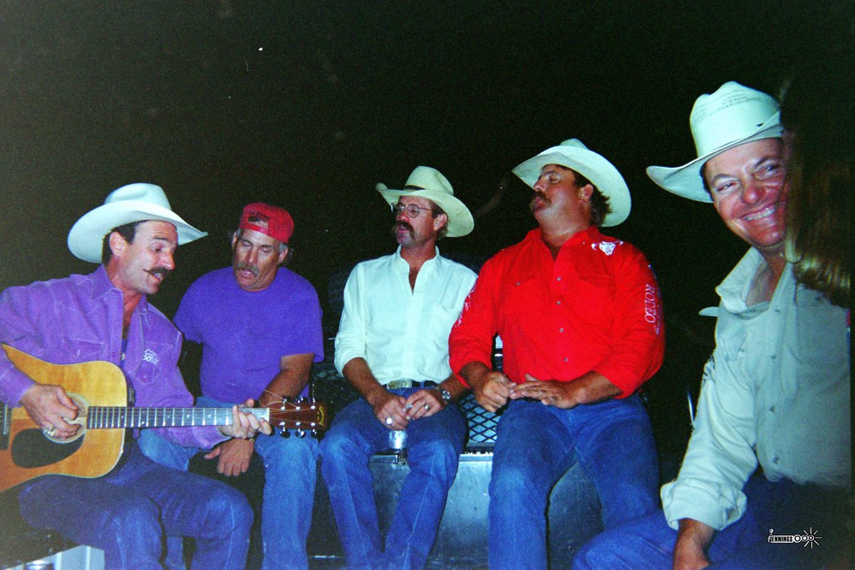 badcorodeo's tweet image. Mack loves a good party. Here he is with World Champion Saddle Bronc Rider, Monty "Hawkeye" Henson, Mitt   Lloyd, Dookie Bland and Olie Smith jamming and having a sing along.