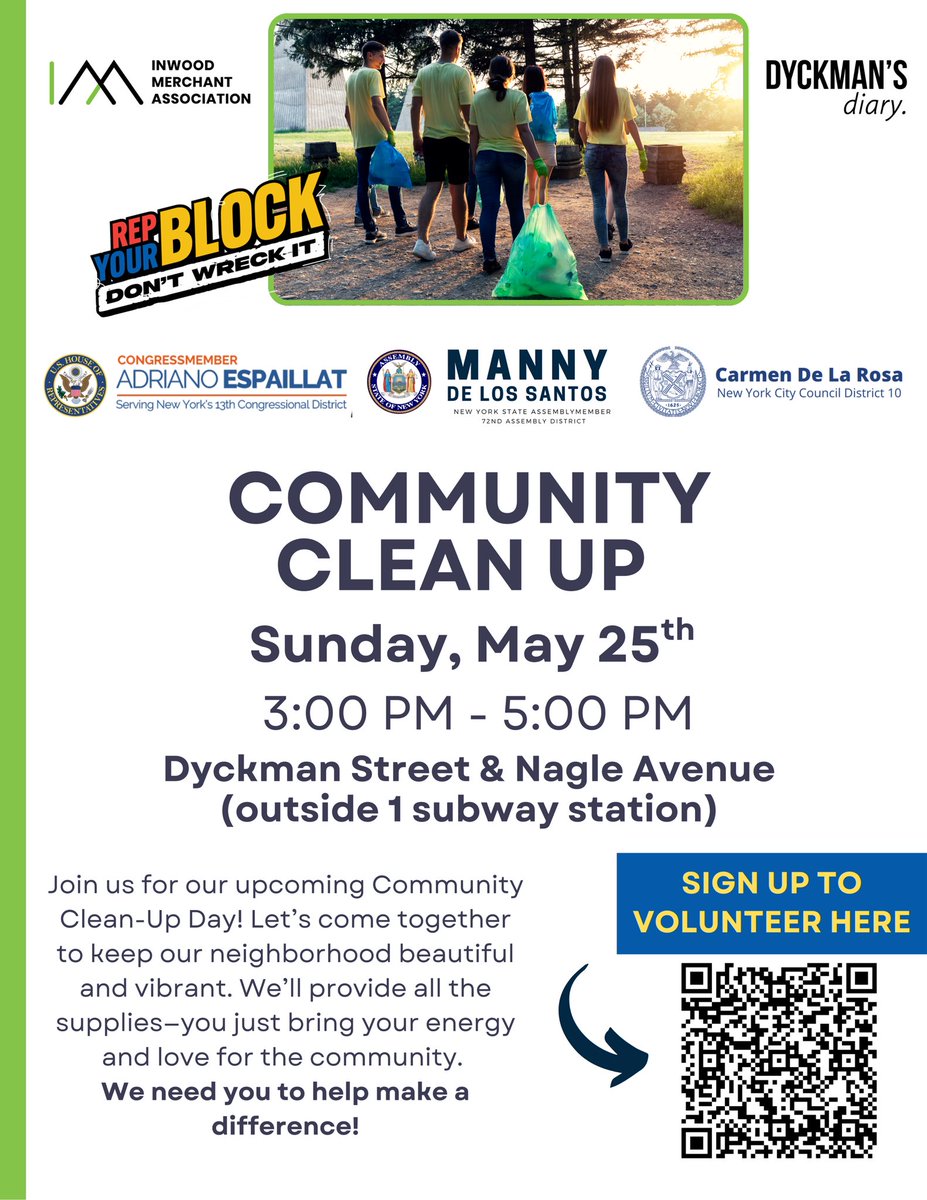 AMDeLosSantos72's tweet photo. Today! Let’s show our streets some love! We’l be meeting on Dyckman St. &amp; Nagle Ave. (In front of the 1 subway station)

Supplies provided—bring your energy and #RepYourBlock! https://t.co/GCftNsnJRt