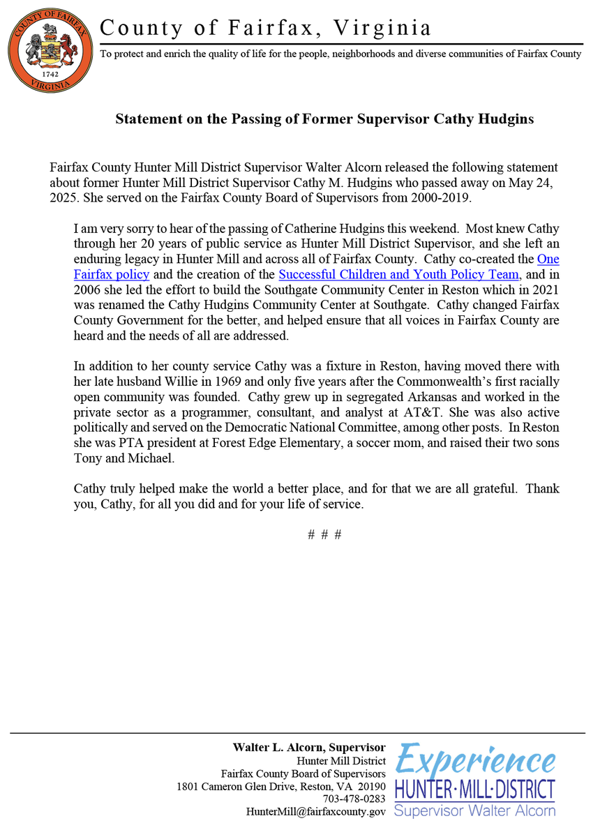 WalterAlcornFFX's tweet photo. Former Hunter Mill District Supervisor Cathy Hudgins has passed away, and she was trail blazer who made Hunter Mill, Fairfax County and the world a better place. She will be deeply missed. 

See the family's obituary and my statement.

#fairfaxcounty #cathhudgins https://t.co/rIXmRh2Gdn