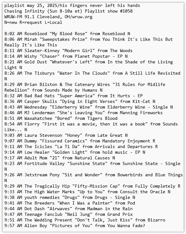Ed Zeitz (@edzeitz) on Twitter photo my <a href="/WRUW/">WRUW-FM 91.1</a> playlist this am ft <a href="/mirahmusic/">Mirah</a> <a href="/wishy_music_777/">Wishy</a> <a href="/the_tisburys/">The Tisburys / new album out now</a> <a href="/SkepWax/">Skep Wax Records</a> <a href="/Casper_Skulls/">Casper Skulls</a> <a href="/jetstream_pony/">Jetstream Pony</a> <a href="/DotDashDC/">Danny Ingram</a> <a href="/weddingpresent/">David Gedge</a> plus many many more my <a href="/WRUW/">WRUW-FM 91.1</a> playlist this am ft <a href="/mirahmusic/">Mirah</a> <a href="/wishy_music_777/">Wishy</a> <a href="/the_tisburys/">The Tisburys / new album out now</a> <a href="/SkepWax/">Skep Wax Records</a> <a href="/Casper_Skulls/">Casper Skulls</a> <a href="/jetstream_pony/">Jetstream Pony</a> <a href="/DotDashDC/">Danny Ingram</a> <a href="/weddingpresent/">David Gedge</a> plus many many more