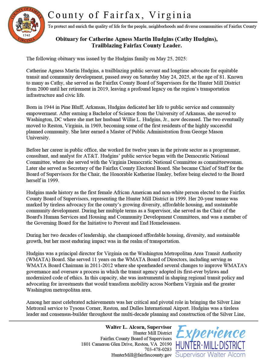 WalterAlcornFFX's tweet photo. Former Hunter Mill District Supervisor Cathy Hudgins has passed away, and she was trail blazer who made Hunter Mill, Fairfax County and the world a better place. She will be deeply missed. 

See the family's obituary and my statement.

#fairfaxcounty #cathhudgins https://t.co/rIXmRh2Gdn