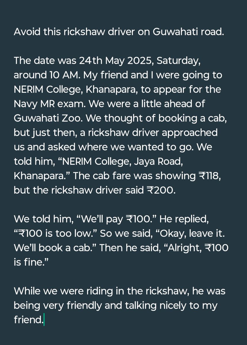 ms_deb_6769's tweet photo. Avoid this rickshaw driver near Guwahati Zoo. On 24 May, he agreed to take us to NERIM College for ₹100, then demanded ₹200 after the ride, and we were forced to pay ₹200. Felt scammed and helpless. Please be cautious.
 #fraud #scammer #frauddriver #Scammed #rickshaw #Guwahati https://t.co/psL5RwalC2