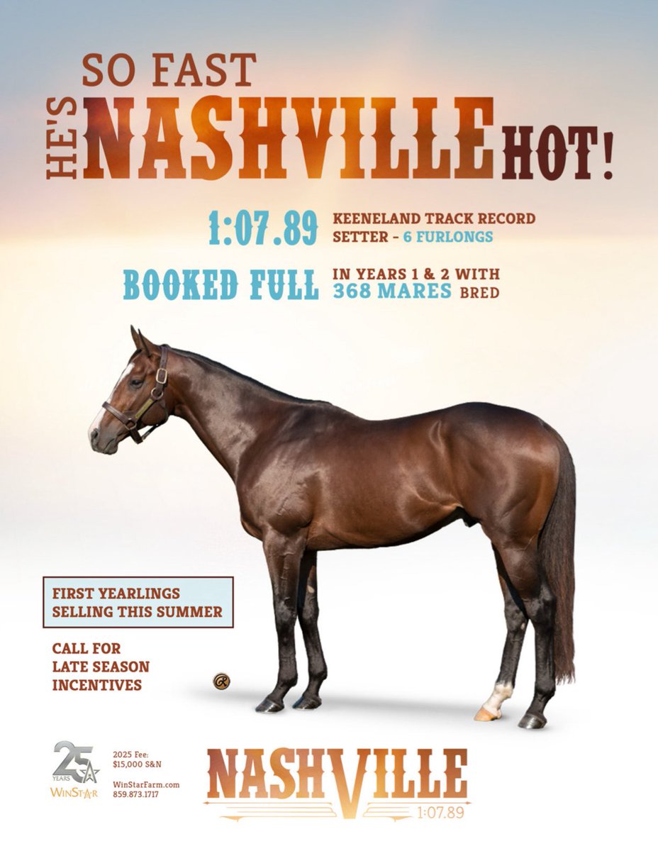 TDN (@thetdn) on Twitter photo He’s NASHVILLE Hot! 🔥 Booked full in years 1 & 2 with 368 mares bred.
First yearlings sell this summer. Call <a href="/WinStarFarm/">WinStar Farm</a> for late season incentives ☎️ He’s NASHVILLE Hot! 🔥 Booked full in years 1 & 2 with 368 mares bred.
First yearlings sell this summer. Call <a href="/WinStarFarm/">WinStar Farm</a> for late season incentives ☎️