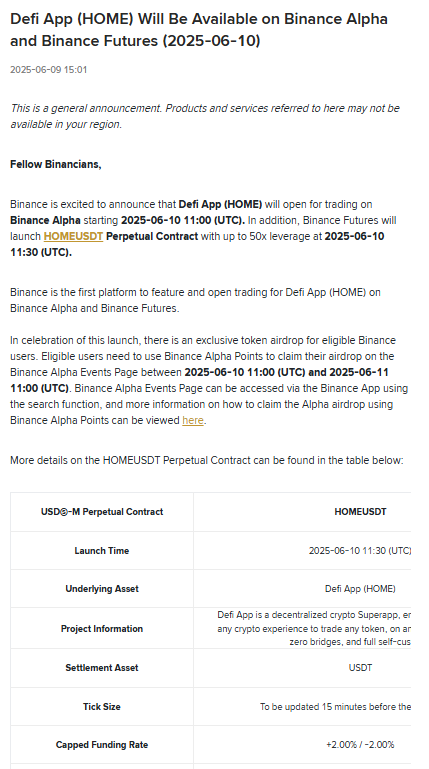 🚨 BREAKING: "Binance: In arrivo il trading di Defi App (HOME) e il contratto perpetuo HOMEUSDT il 10 giugno 2025"