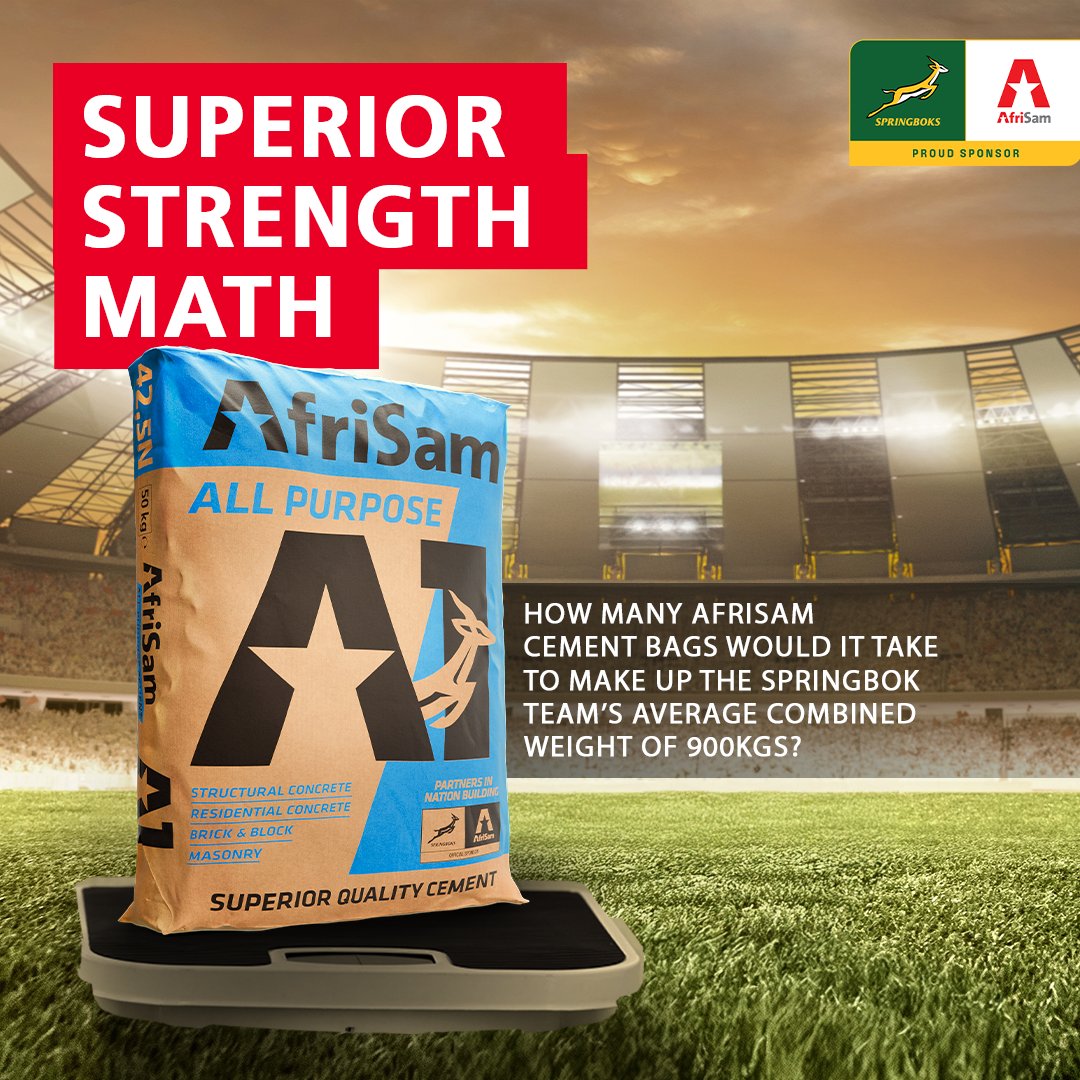 AfriSam SA (@afrisam) on Twitter photo Can you work out the number of bags that make up our <a href="/Springboks/">Springboks</a> rugby team? Share your answer in the comments to enter and stand a chance to WIN a R500 cash prize! 🏆 bit.ly/4iYBV8k Ts & Cs apply
#AskForAfriSam #ForeverGreenForeverGold #SuperiorQuality #ChampionTheWin Can you work out the number of bags that make up our <a href="/Springboks/">Springboks</a> rugby team? Share your answer in the comments to enter and stand a chance to WIN a R500 cash prize! 🏆 bit.ly/4iYBV8k Ts & Cs apply
#AskForAfriSam #ForeverGreenForeverGold #SuperiorQuality #ChampionTheWin