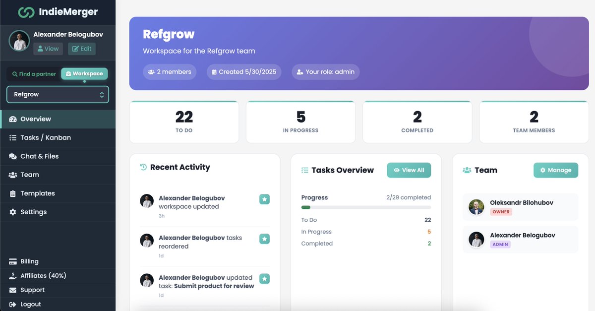 AlexBelogubov's tweet image. I just dropped the new IndieMerger:

→ Match with a co-founder
→ Collaborate in a shared workspace

Kanban, chat, roles, launch templates - all in one place.

🔥 Now live on Product Hunt 👇