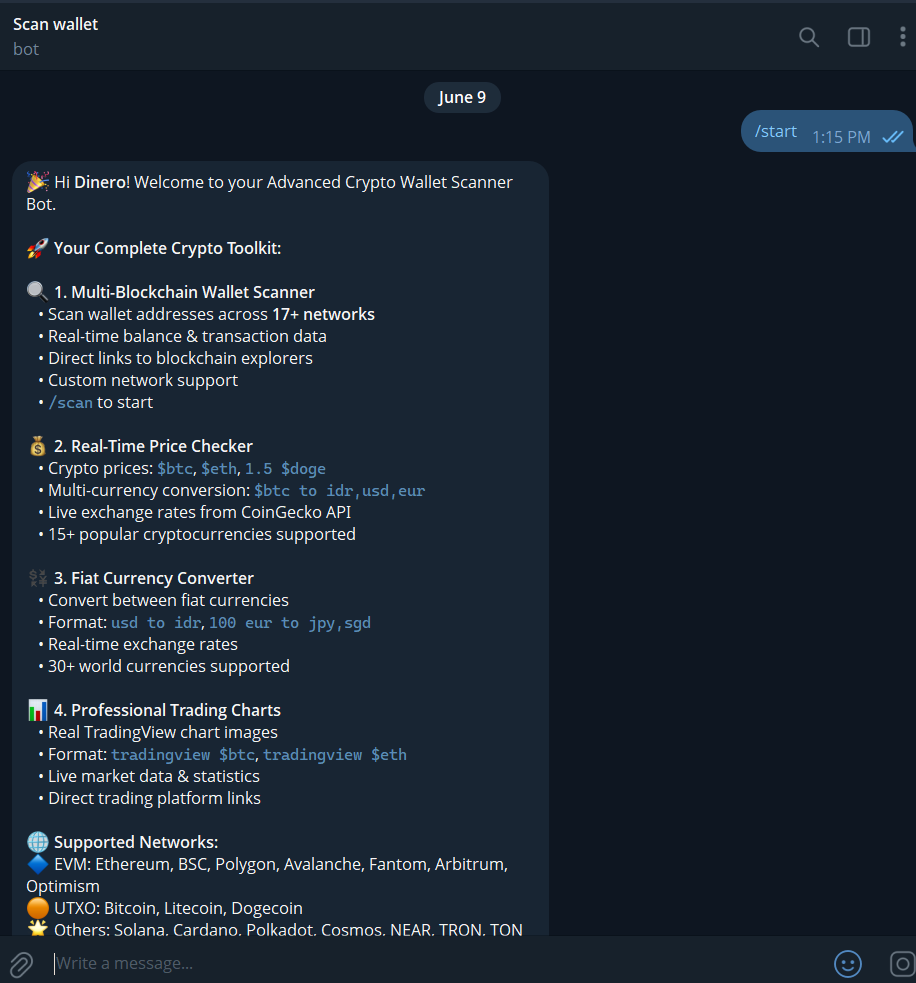 dinero_0xx's tweet photo. 🚀 Script for Sale! Crypto Telegram Bot. 📈 Wallet scanner (17+ chains), live prices, fiat converter, TradingView charts, admin broadcast. All-in-one Telegram solution! DM for demo &amp; info. 
#CryptoBot #TelegramBot #Blockchain #BotForSale #PythonScript https://t.co/dcxe5Ehpeh