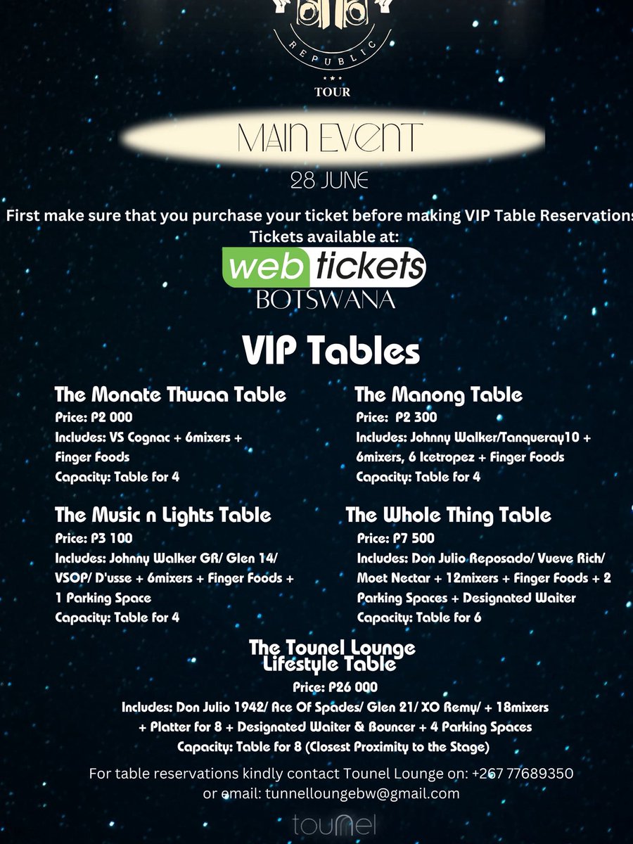 Here’s the full line up for The Motswako Republic Tour weekend in Gabz. 

The 28th June-main event will be a very special exclusive performance. Tickets can be purchased via webtickets: webtickets.co.bw/v2/Event.aspx?…

#themotswakorepublictour
#motswako