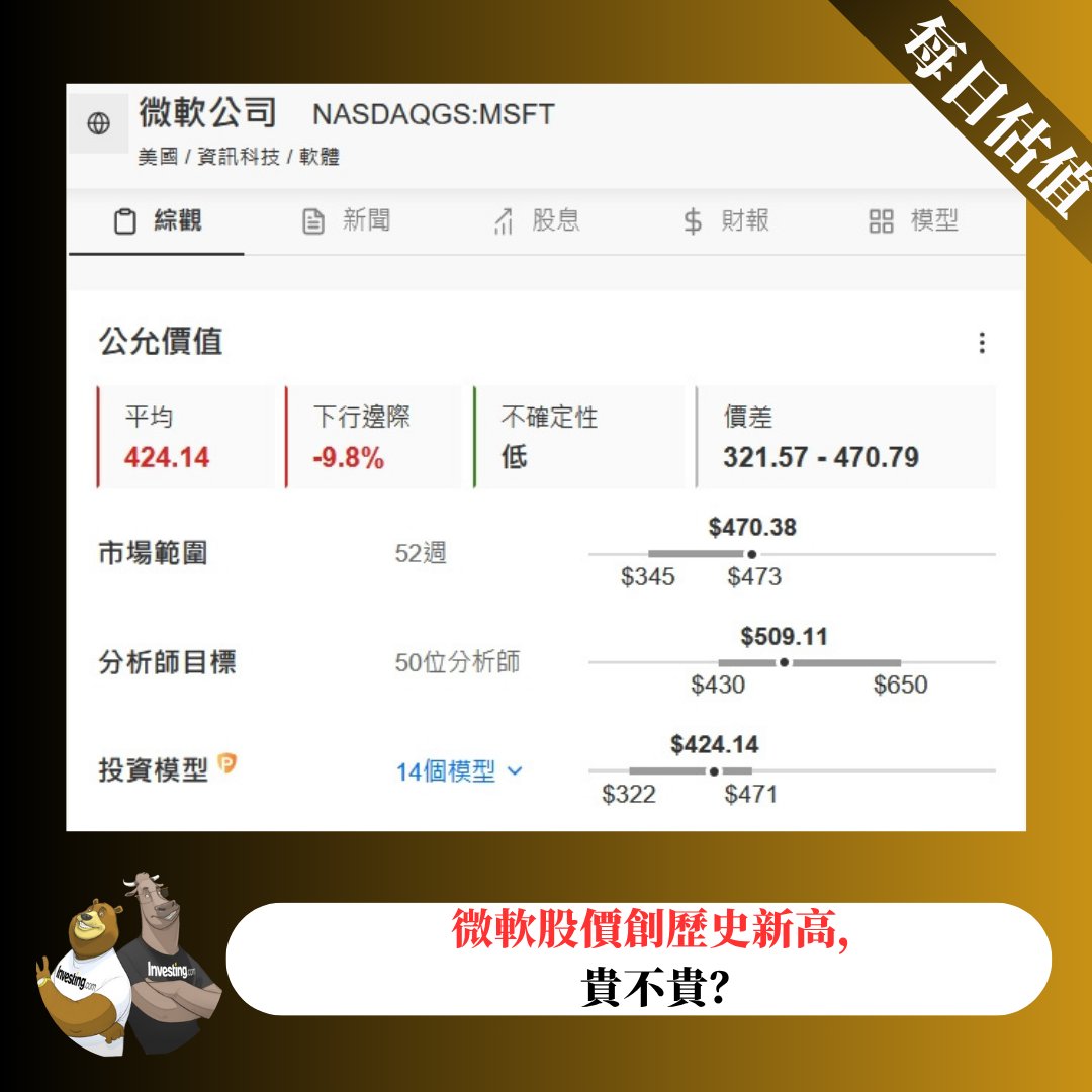 每日估值【微軟股價創歷史新高，貴不貴？】 上周五，微軟創歷史新高，達470.38美元。 不過50位分析師平均看升8%至509美元，但根據#