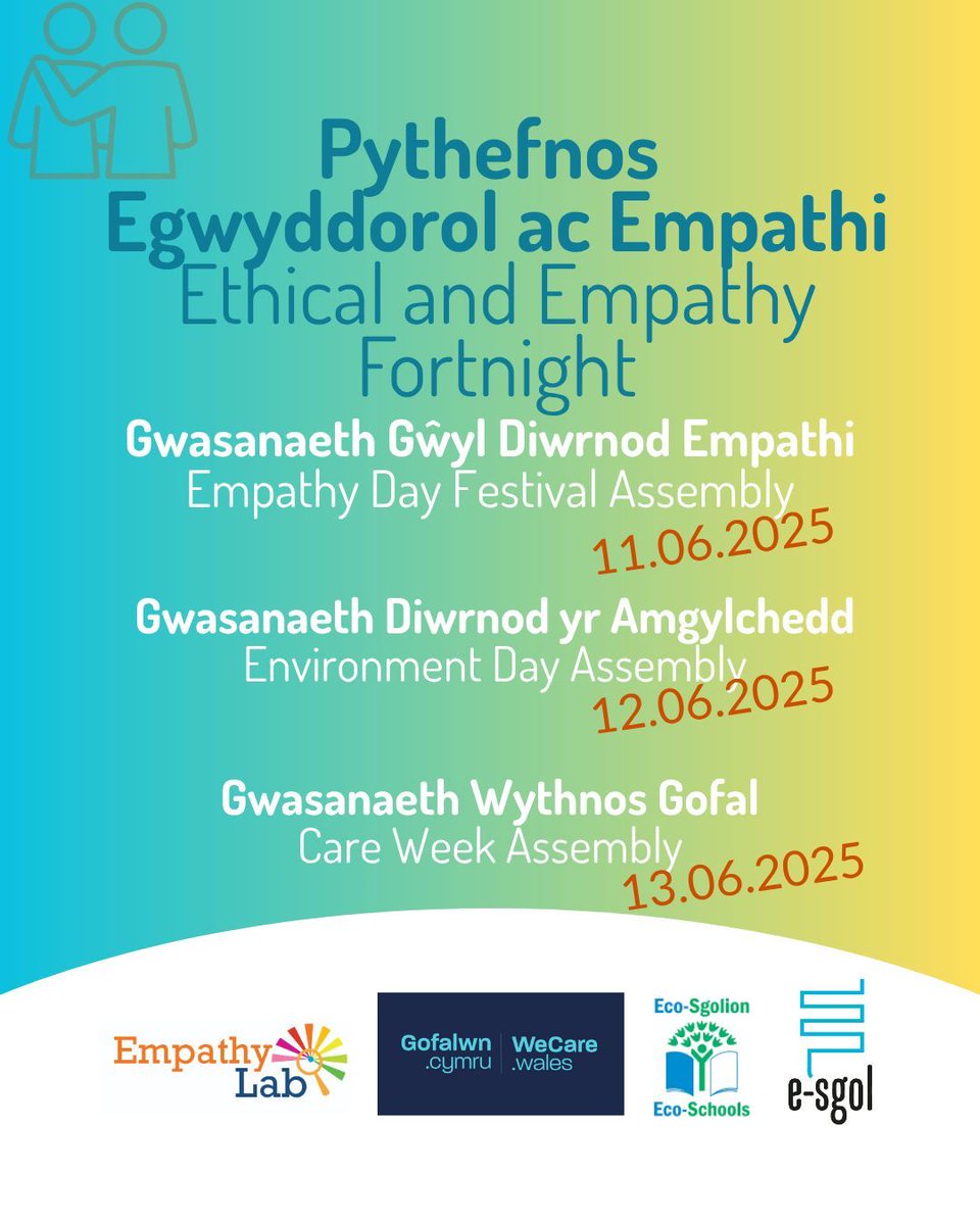 Ail wythnos Pythefnos Egwyddor ac Empathi 🟢  Ethics and Empathy Fortnight - join the second week

🟢 Empathy Lab 👉11.06.2025

🟢 Eco-Sgolion | Eco-Schools 👉 12.06.2025

🟢 Gofalwn Cymru | We Care Wales 👉 13.06.2025

Cliciwch i ymuno | Click to join 🔗 buff.ly/EMW5WcO