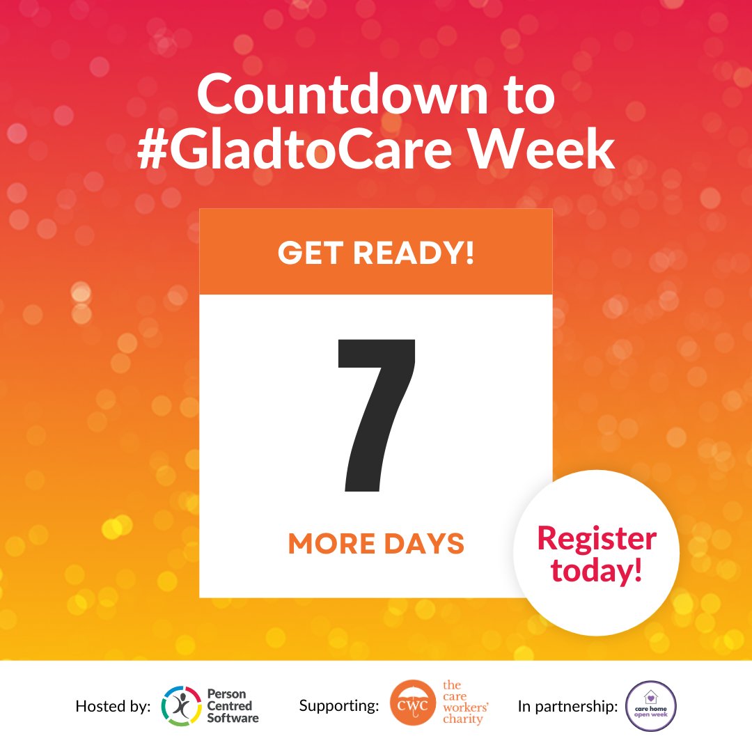 Just 1 week to go until #GladtoCare Week! 🔜😍

Are you ready for a week filled with activities and celebration for our amazing care workforce? Don't forget to sign up today to receive your #GladtoCare Toolkit: hubs.ly/Q03pGJ4x0