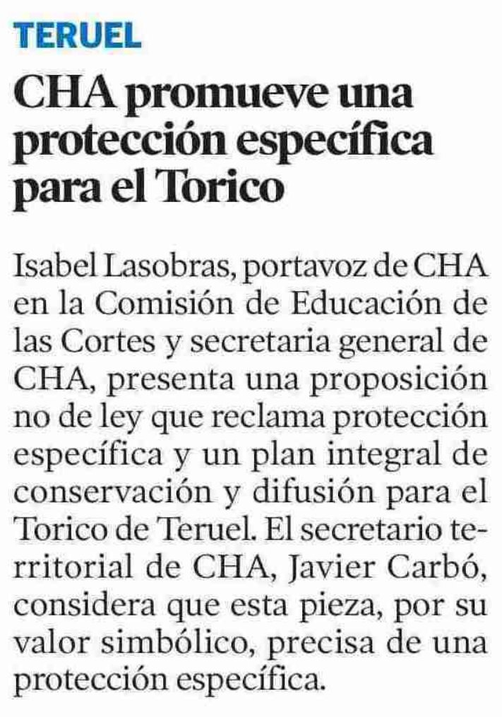 📰 <a href="/heraldoes/">Heraldo de Aragón</a>

🐂 CHA promueve una protección específica para el Torico

<a href="/isabelasobras/">Isabel Lasobras</a> presenta una PNL y Javier Carbó considera que esta pieza, por su valor simbólico, precisa de una protección específica