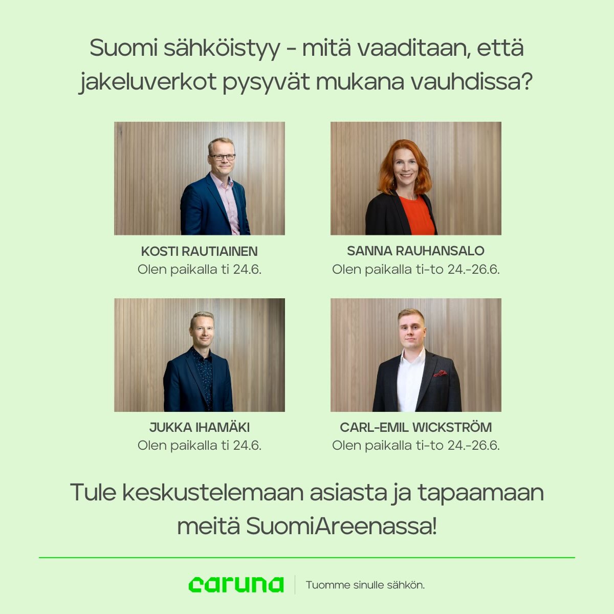 Porin SuomiAreenassa 24.–27.6 Carunalaisia tavattavissa myös tänä vuonna!

Keskustelemme mielellään mm. sähkönjakelun keskeisestä roolista puhtaassa siirtymässä ⚡️ #SuomiAreena <a href="/SuomiAreena/">SuomiAreena</a>