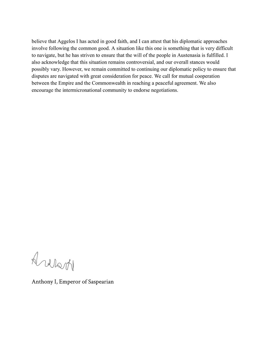 Anthony I's Statement on the Political Crisis in Austenasia.