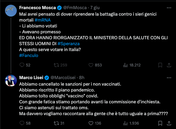 GiovaQuez's tweet photo. Il presidente della commissione #COVID19 che si giustifica - di nuovo - col complottista su vaccini, scie chimiche e scemenze varie. Hanno tolto l' obbligo anticipando di un mese la scadenza già fissata. Poi si indignano se li accusi di cercare i consensi dei complottisti. https://t.co/rSiP1YNhAa