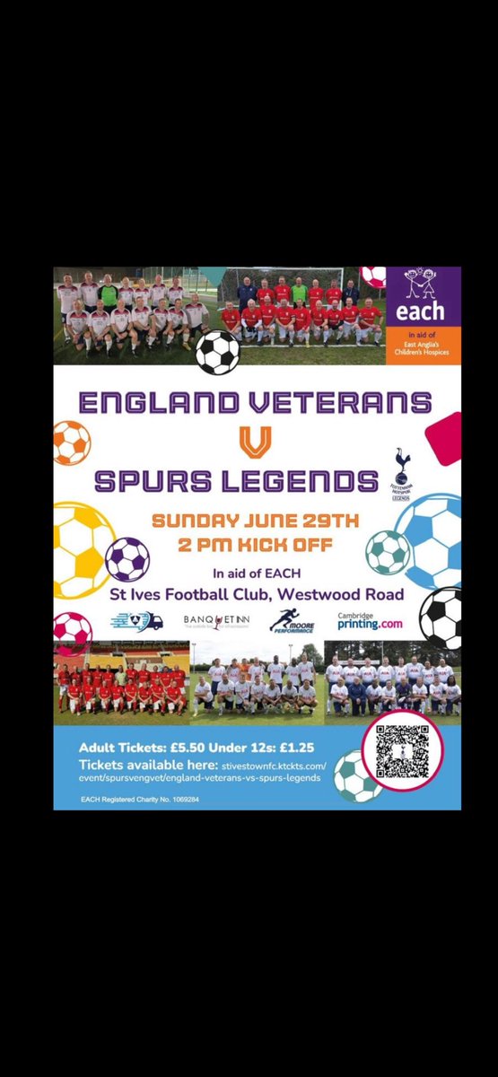 Don’t forget your tickets now on sale from the <a href="/stivestownfc/">St Ives Town FC</a> raising money for the fabulous <a href="/EACH_hospices/">EACH</a> 
#spurs #each #charity #football #england #vets