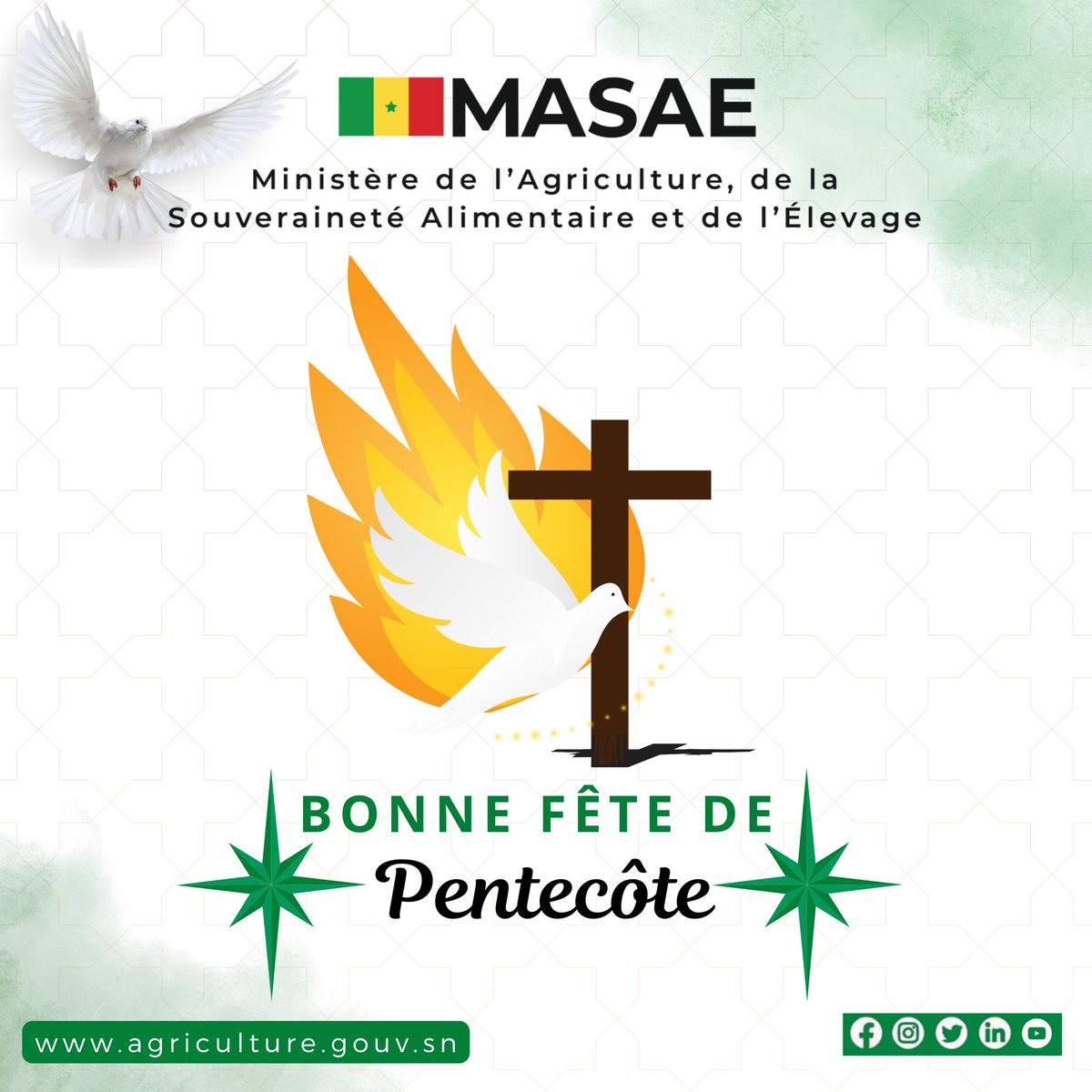 En cette journée de Pentecôte, moment de foi, de communion et de renouveau, je tiens à adresser, au nom du Ministère de l’Agriculture, de la Souveraineté Alimentaire et de l’Élevage, mes vœux les plus chaleureux à la communauté chrétienne du Sénégal.

Que l’Esprit Saint inspire