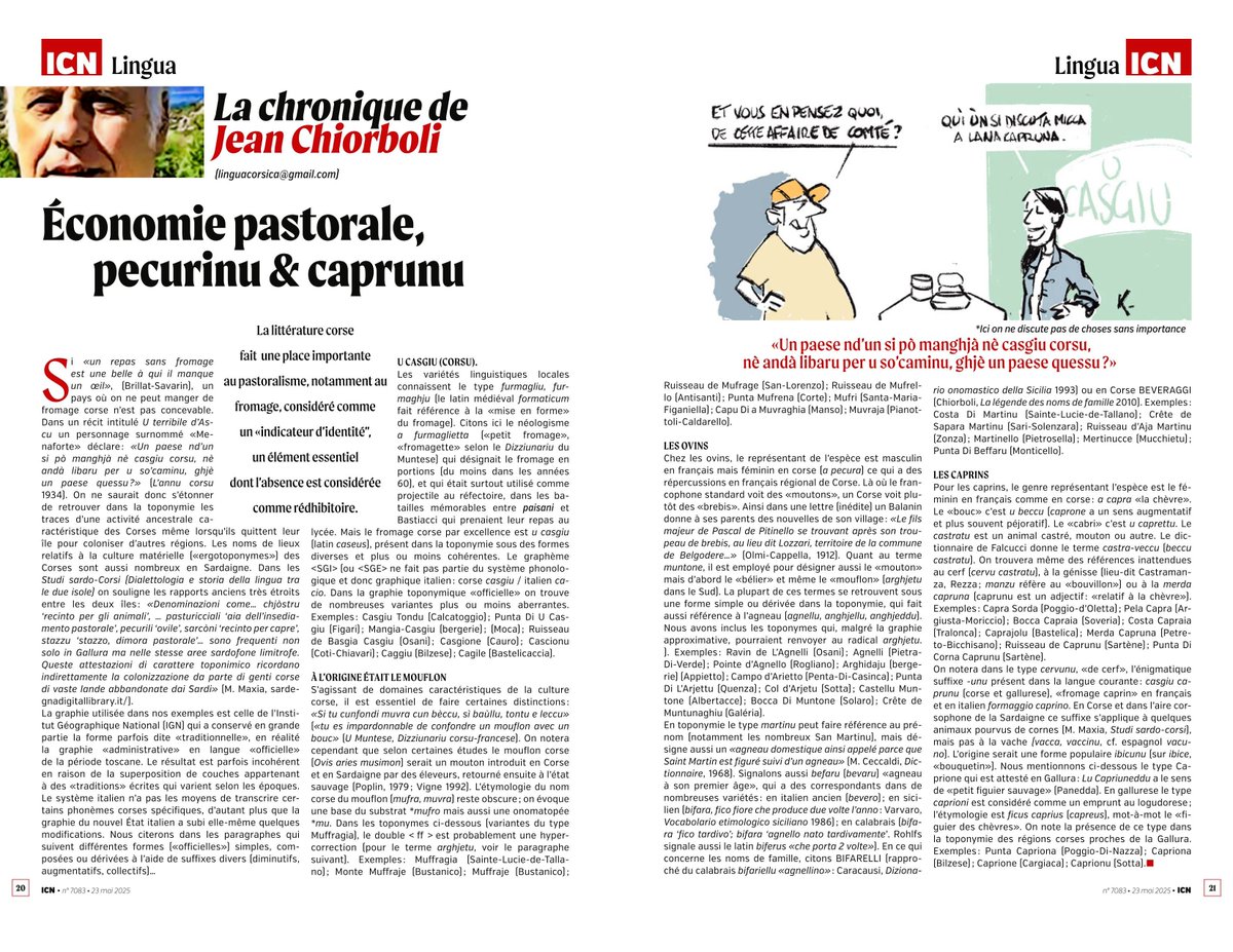 PECURINU &amp; CAPRUNU Économie pastorale, (Jean Chiorboli,23 mai 2025,icn.corsica, chronique ICN087).
Contact, infos &amp; texte intégral des articles:linguacorsica@gmail.com