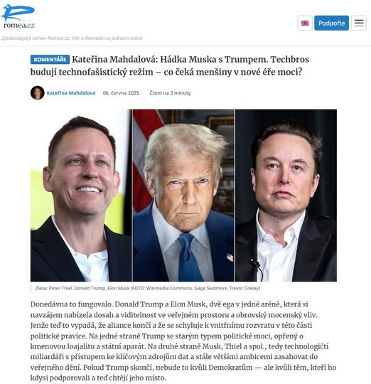 Jak mocenský konflikt Trump x Musk dopadá na ty, kteří už teď nejsou slyšet? 
Technofašistický režim nevzniká tak, že někdo vyhlásí konec práv. Vzniká tím, že práva jsou podmíněná výkonností... a kdo nebude pasovat, ten nebude vidět. A kdo nebude vidět, nebude mít ochranu.