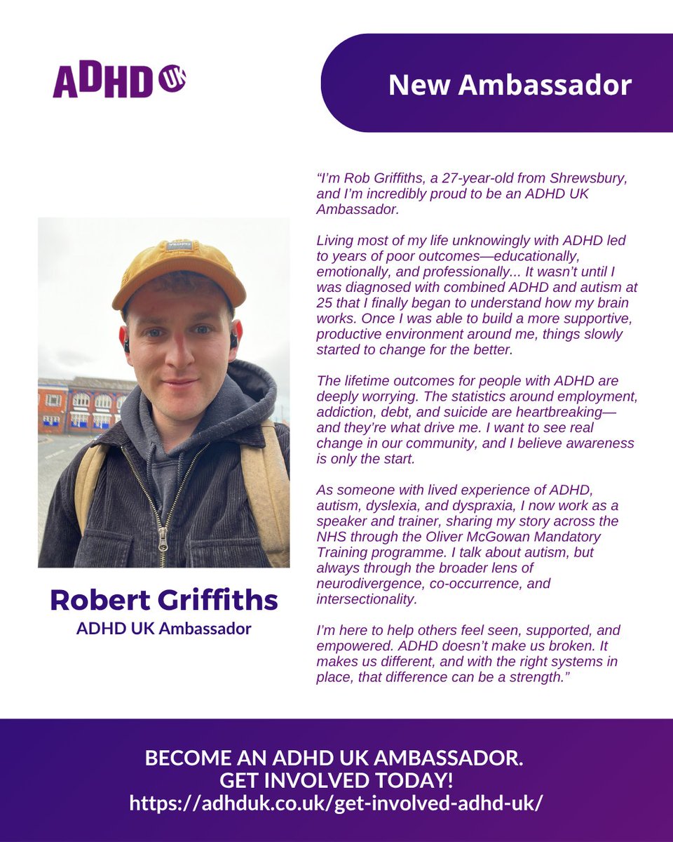 We are thrilled to welcome Rob, a passionate advocate, speaker, and DJ from Shrewsbury, to the ADHD UK Ambassador team! 💜✨

Diagnosed with combined ADHD and autism at 25, Rob has turned his lived experience into a mission to spark change. After years of navigating