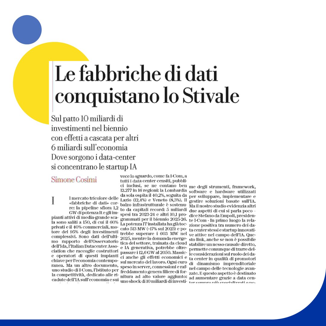 InfoCamere (@infocamere) on Twitter photo Dove sorgono i #datacenter si concentrano le #startup
📰"Le fabbriche di dati conquistano lo Stivale" su <a href="/RepubblicaAF/">Repubblica Affari&Finanza</a>
#sostenibilità <a href="/ICompetitivita/">I-Com</a> <a href="/INEST_digitaleu/">I-NEST</a> <a href="/ITAstartup_/">ITA Startup</a> <a href="/DigiTInst/">Fondazione per la Sostenibilità Digitale</a> <a href="/webnauta5_9/">Webnauta 5.9 💻📲</a> <a href="/marcoagosti/">marco agosti</a> <a href="/GiaDominici/">Gianni Dominici</a> <a href="/itastartupvisa/">Startup, impresa e innovazione</a> <a href="/Osserv_Digital/">Osservatori Digital</a> <a href="/ItaliaStartUp_/">Italia Startup</a> Dove sorgono i #datacenter si concentrano le #startup
📰"Le fabbriche di dati conquistano lo Stivale" su <a href="/RepubblicaAF/">Repubblica Affari&Finanza</a>
#sostenibilità <a href="/ICompetitivita/">I-Com</a> <a href="/INEST_digitaleu/">I-NEST</a> <a href="/ITAstartup_/">ITA Startup</a> <a href="/DigiTInst/">Fondazione per la Sostenibilità Digitale</a> <a href="/webnauta5_9/">Webnauta 5.9 💻📲</a> <a href="/marcoagosti/">marco agosti</a> <a href="/GiaDominici/">Gianni Dominici</a> <a href="/itastartupvisa/">Startup, impresa e innovazione</a> <a href="/Osserv_Digital/">Osservatori Digital</a> <a href="/ItaliaStartUp_/">Italia Startup</a>
