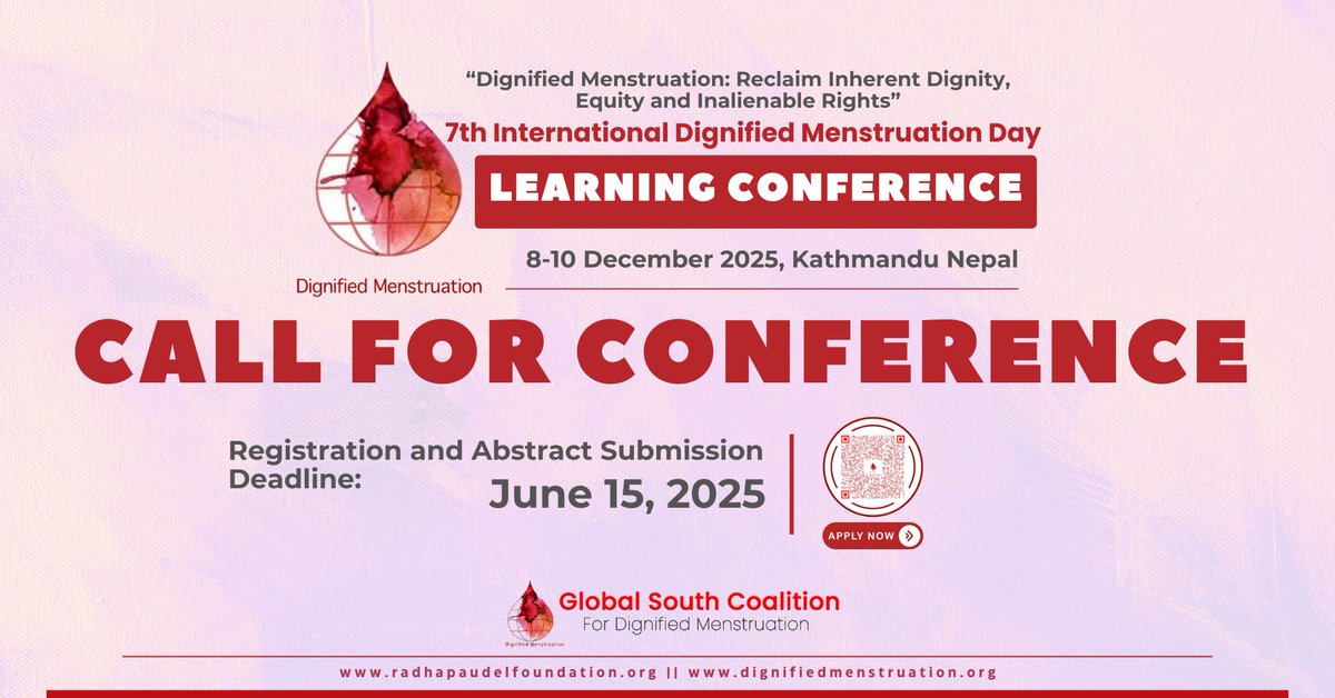 Global South Coalition for Dignified Menstruation (@globalsouthdm) on Twitter photo ๐๐๐๐๐๐๐๐: ๐๐๐ฌ๐ญ๐ซ๐๐๐ญ & ๐๐๐ ๐ข๐ฌ๐ญ๐ซ๐๐ญ๐ข๐จ๐ง ๐๐๐๐๐ฅ๐ข๐ง๐ โ ๐๐ฎ๐ง๐ ๐๐, ๐๐๐๐!
7th International Dignified Menstruation Day: Learning Conference
December 8โ10, 2025 || Kathmandu, Nepal
Apply Now: bit.ly/DMConference20โฆ
#DignifiedMenstruation ๐๐๐๐๐๐๐๐: ๐๐๐ฌ๐ญ๐ซ๐๐๐ญ & ๐๐๐ ๐ข๐ฌ๐ญ๐ซ๐๐ญ๐ข๐จ๐ง ๐๐๐๐๐ฅ๐ข๐ง๐ โ ๐๐ฎ๐ง๐ ๐๐, ๐๐๐๐!
7th International Dignified Menstruation Day: Learning Conference
December 8โ10, 2025 || Kathmandu, Nepal
Apply Now: bit.ly/DMConference20โฆ
#DignifiedMenstruation