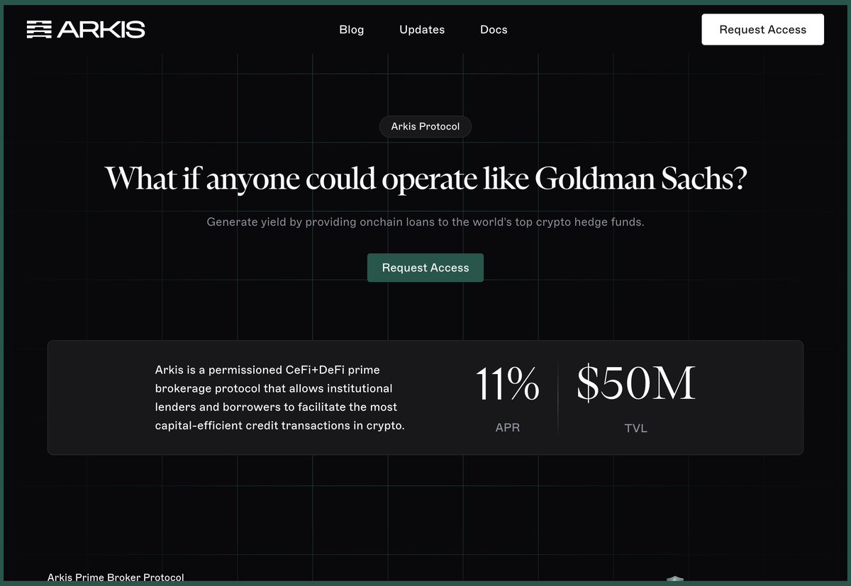 ICYMI: Our new website is live!

Tap into permissioned DeFi with:
💸 Lending to vetted funds (~11% APR)
🔄 Cross-platform margining (CeFi/DeFi)
📊 Arkis Vault &amp; real-time Order Book

Step into the role of a prime broker → arkis.xyz