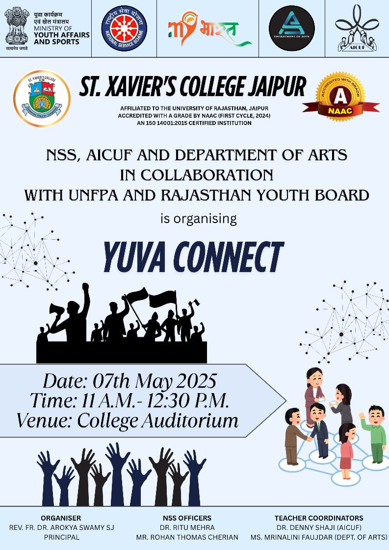 NSS_SXCJ's tweet photo. Youth Connect 2025 | St. Xavier’s College Jaipur
Held on 7 May, this dynamic session brought together 160+ students to engage in dialogue on youth leadership, gender sensitivity &amp; careers.
Organized by NSS, AICUF &amp; Dept. of Arts with UNFPA &amp; Rajasthan Youth Board. https://t.co/QvivEOUwvQ