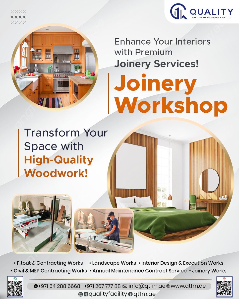 quality_facilit's tweet image. Experience top-tier craftsmanship with our Joinery Workshop, where we create custom woodwork that enhances any interior. 

 For More details: 
☎️ +971 26777788  +971 542886668
🌐 qtfm.ae
 ✉️ info@qtfm.ae

#QTFM #QualityFacilityManagement #JoineryWorkshop