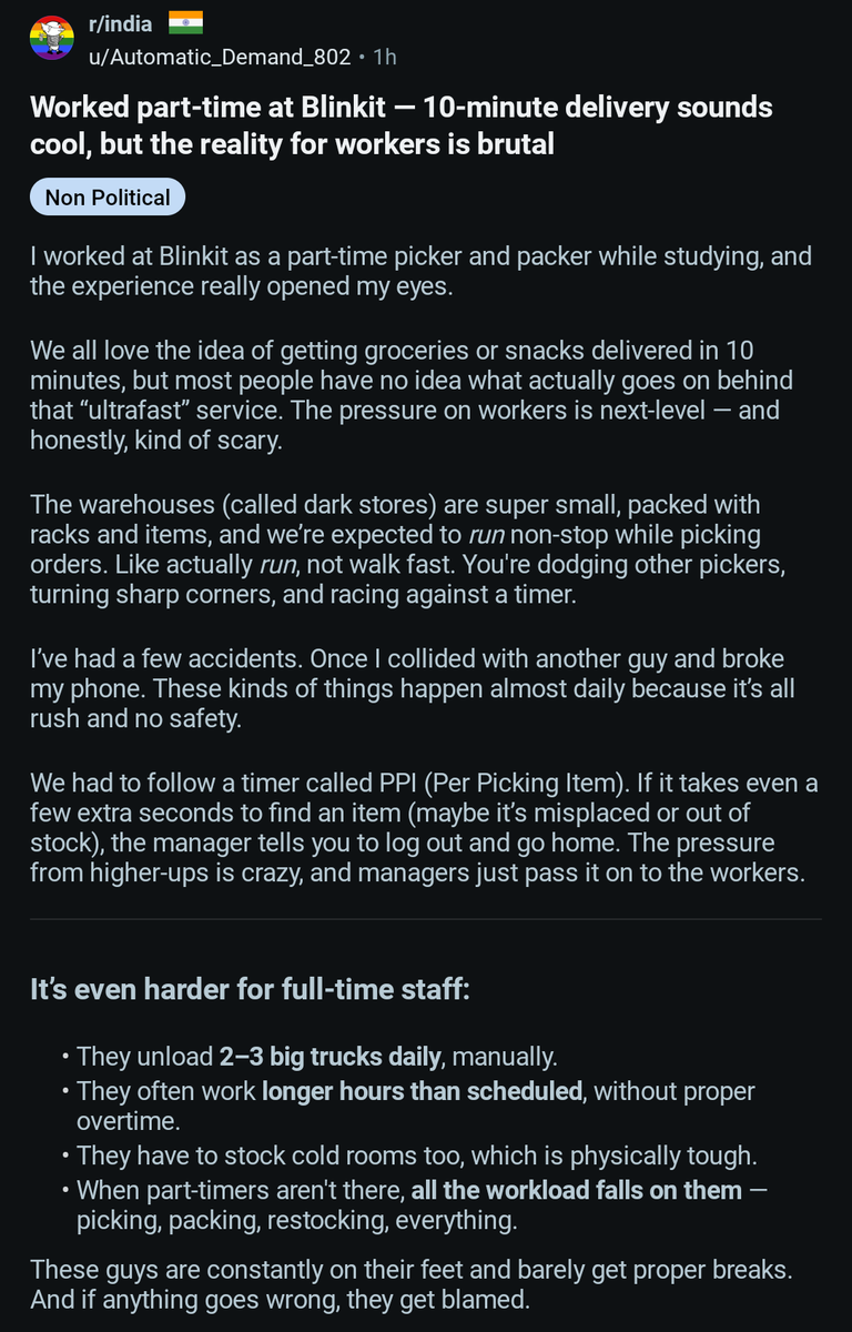 thegoj1ra's tweet photo. post on r/india talking about the behind the scenes of blinkit/zepto https://t.co/p5nTIWhHY6