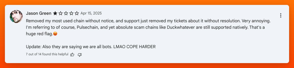 goingonchain⛓️ (@goingonchain) on Twitter photo , <a href="/Rabby_io/">Rabby Wallet</a> is getting a lot of 1-star reviews bomb from PulseChain holders
because they drop support for pulsechain
why do this 😭, rabby is a really good wallet, doing this hurts the wallet reputation , <a href="/Rabby_io/">Rabby Wallet</a> is getting a lot of 1-star reviews bomb from PulseChain holders
because they drop support for pulsechain
why do this 😭, rabby is a really good wallet, doing this hurts the wallet reputation