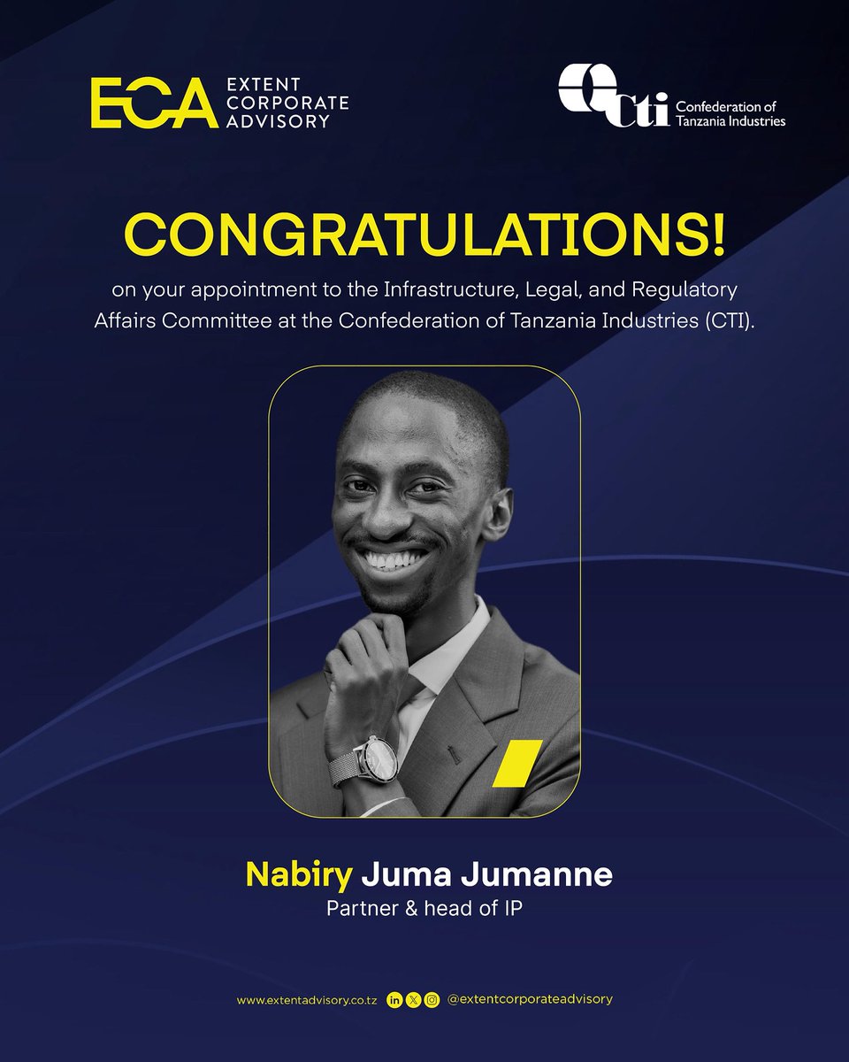 Nabiry Juma Jumanne (@jjnabiry) on Twitter photo I am honored to be appointed to the Infrastructure, Legal, and Regulatory Affairs Committee of the <a href="/TanzaniaCTI/">Confederation of Tanzania Industries (CTI)</a>
Our committee's mandate is to ensure that the effective implementation of infrastructure, legal, and regulatory frameworks. I am honored to be appointed to the Infrastructure, Legal, and Regulatory Affairs Committee of the <a href="/TanzaniaCTI/">Confederation of Tanzania Industries (CTI)</a>
Our committee's mandate is to ensure that the effective implementation of infrastructure, legal, and regulatory frameworks.