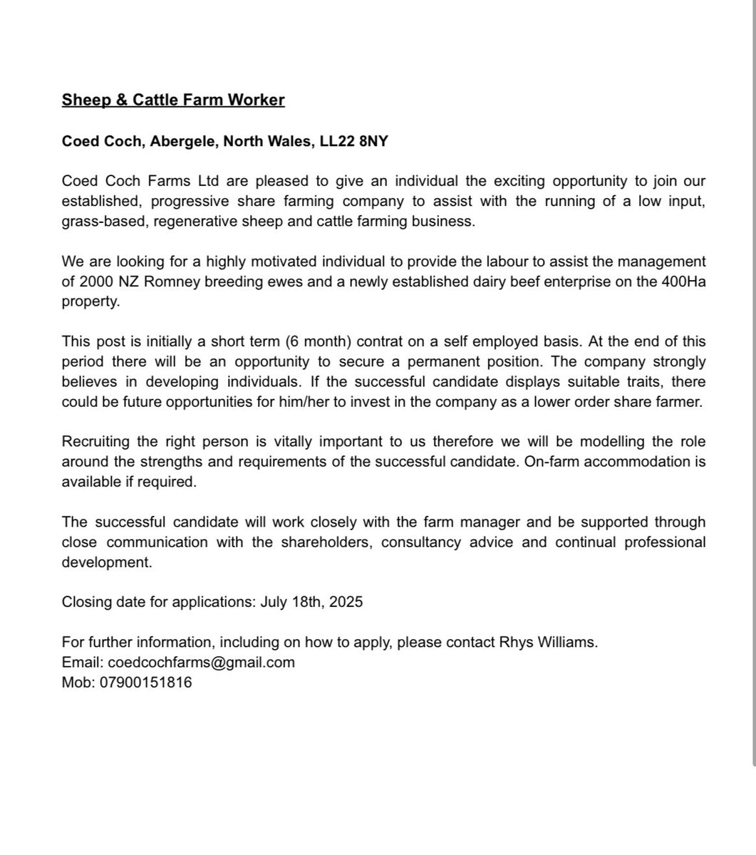 Cyfle i rywun ymuno hefo ni yma yn Coed Coch.
An opportunity for someone to join us here at Coed Coch