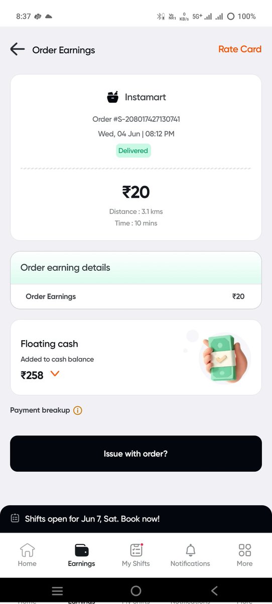 mk612830's tweet photo. @SwiggyInstamart It is amount that a Swiggy Instamart delievery boy earns for 6KM (3km delivery+3km return) and takes about 25 minutes to come back to store. I want to ask Swiggy that is it a correct/sufficient amount for such distance travelled for delivering the order @SwiggyInstamart @Swiggy https://t.co/BOCM08LlUr