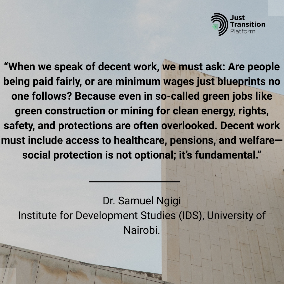 🧑‍🌾Even green jobs aren’t always decent.
Fair pay, healthcare, and safety must be part of every job. Dr. Samuel Ngigi from University of Nairobi  says it’s time we rethink what #DecentWork really means.
#JustTransition #GreenJobs #SocialProtection #ClimateJustice