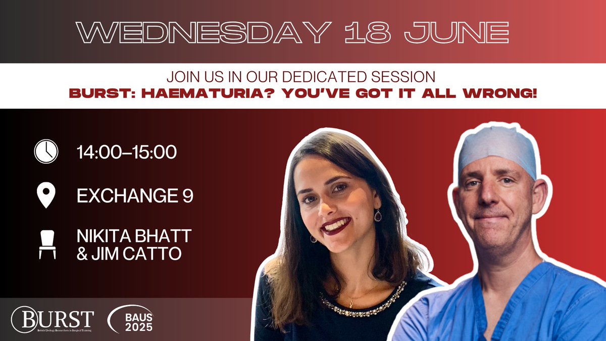 BURST Urology (@bursturology) on Twitter photo ๐จ Join us Wednesday, 18 June at #BAUS25 for...
โก๏ธโHaematuria? Youโve got it all wrongโ ๐จ
๐ฅ 14:00 Debate: straight to theatre? โ๏ธ
๐ 14:15 #WASHOUT Study update
๐ฉธ 14:20 Round-table: THE toughest bleeds โผ๏ธ
๐ Exchange 9
๐๏ธ Save the date!
<a href="/BURSTurology/">BURST Urology</a> <a href="/BAUSurology/">BAUS</a> ๐จ Join us Wednesday, 18 June at #BAUS25 for...
โก๏ธโHaematuria? Youโve got it all wrongโ ๐จ
๐ฅ 14:00 Debate: straight to theatre? โ๏ธ
๐ 14:15 #WASHOUT Study update
๐ฉธ 14:20 Round-table: THE toughest bleeds โผ๏ธ
๐ Exchange 9
๐๏ธ Save the date!
<a href="/BURSTurology/">BURST Urology</a> <a href="/BAUSurology/">BAUS</a>