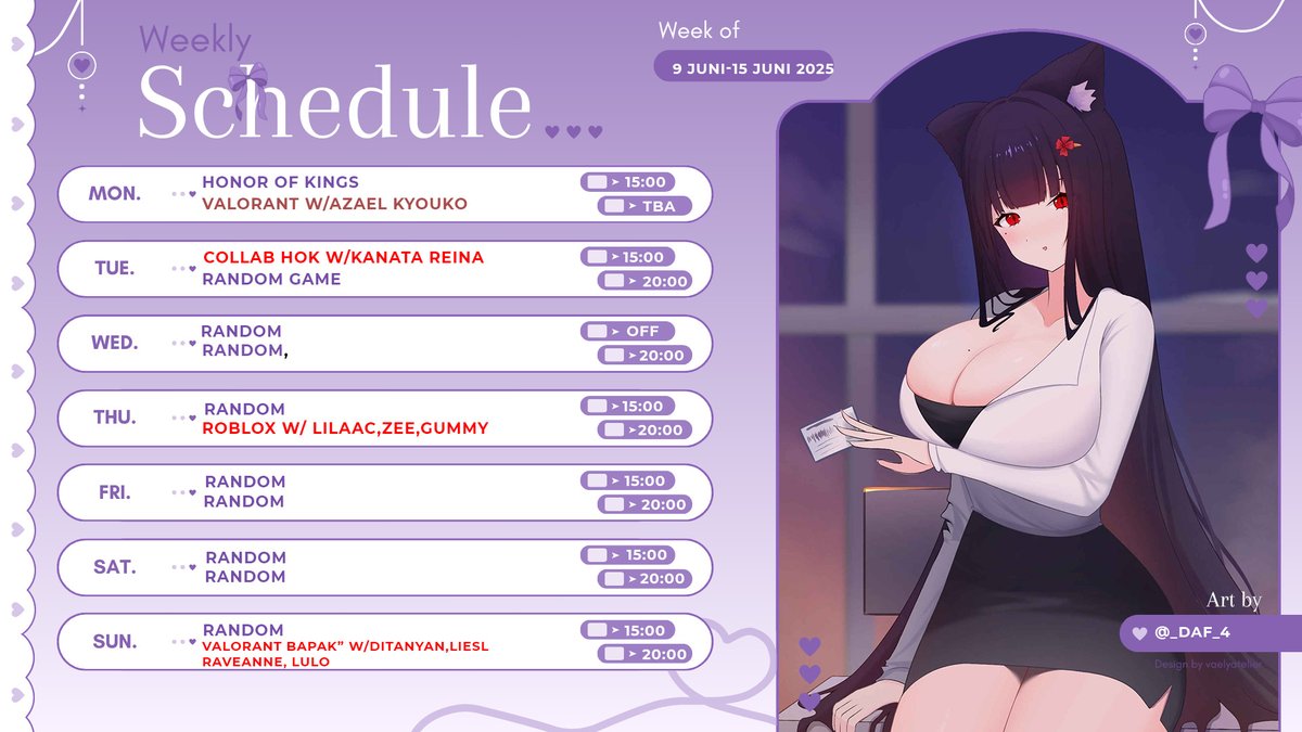 SCHEDULE 9 JUNI - 15 JUNI 2025) 
MOOD MOOD AN KARENA MAW DI EMOOD/JK 

 Hastag          
General : #karinaraelynne   
Art : #Karinart
Clip : #Rinclip
Memes :  #Rinahaha
NSFW : #Kariclik 

#Vtubers #VtuberID #Karinaraelynne