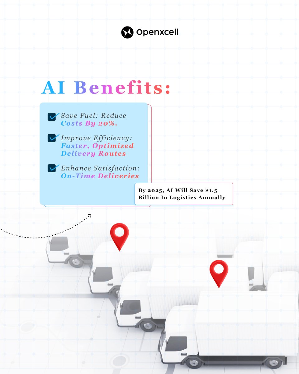 openxcell's tweet image. By 2025, AI will save $1.5 billion annually in logistics. Ready to streamline your logistics operations with AI? Let&apos;s get started!

#LogisticsAI #RouteOptimization #AIinLogistics #SupplyChainTech